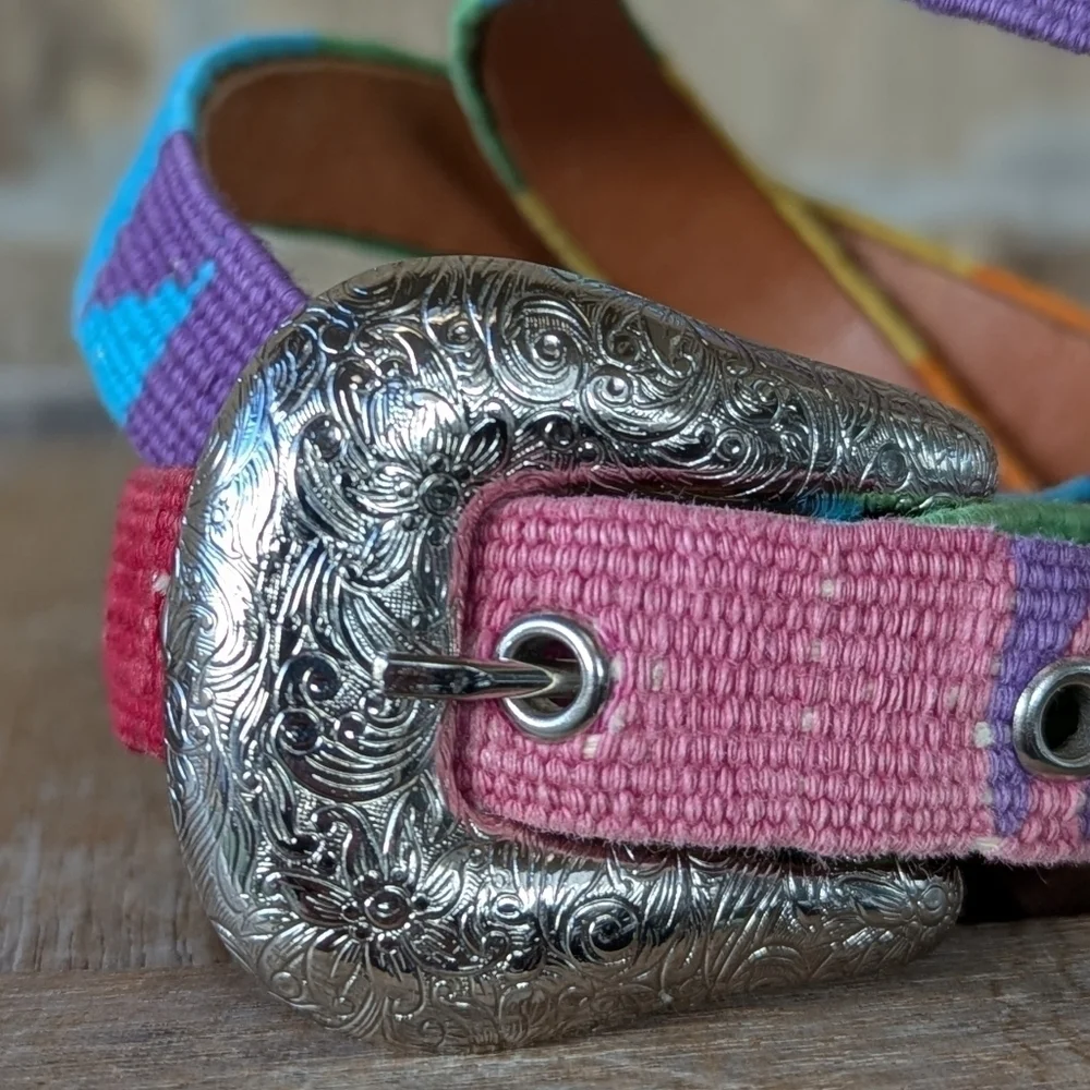 Vintage 90s Rainbow Woven Skinny Belt Size Large Leather Silver